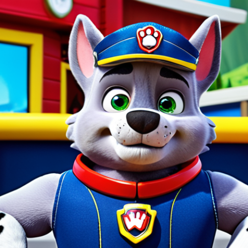 Home 18 **Prompt:** Hamdinger, Paw Patrol villain, comically plotting against Mayor Goodway, exaggerated facial expression, cartoon style, Adventure Bay background.