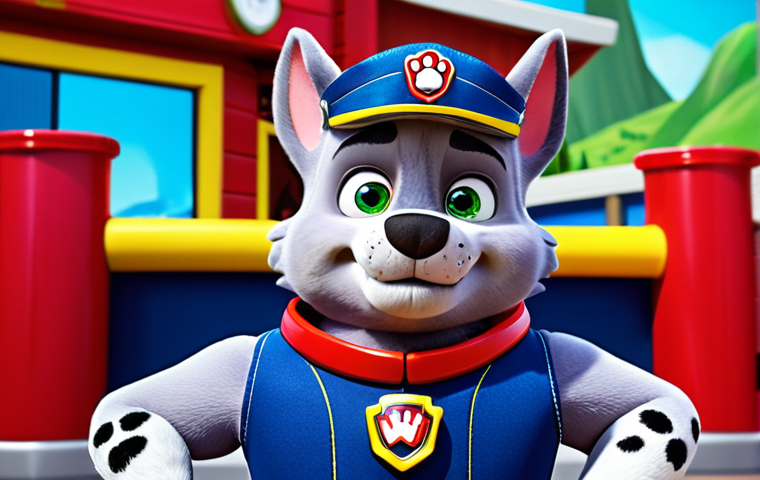 **Prompt:** Hamdinger, Paw Patrol villain, comically plotting against Mayor Goodway, exaggerated facial expression, cartoon style, Adventure Bay background.