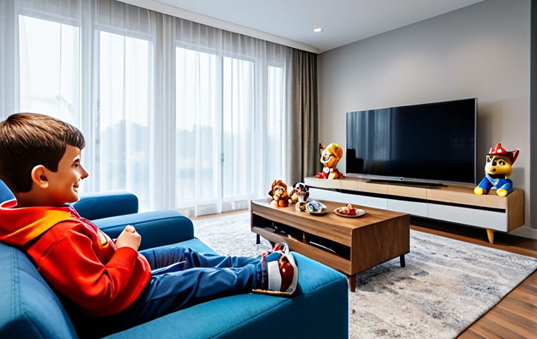 퍼피구조대 시청 연령대 분석 - **
A happy, fully clothed family of four watching "Paw Patrol" on TV in their living room. The room...